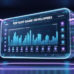 최신 기술이 적용된 홀로그램 스크린에 슬롯 게임 개발사 순위가 그래픽으로 표시된 장면