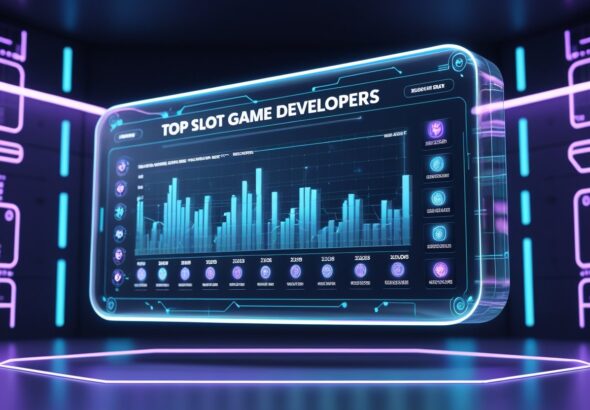 최신 기술이 적용된 홀로그램 스크린에 슬롯 게임 개발사 순위가 그래픽으로 표시된 장면