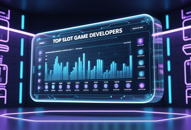 최신 기술이 적용된 홀로그램 스크린에 슬롯 게임 개발사 순위가 그래픽으로 표시된 장면
