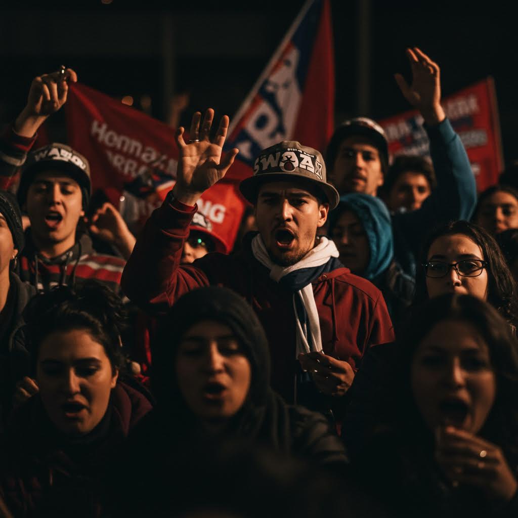 응집된 목소리가 울려 퍼지는 어두운 거리의 풍경은 온카스터디의 강한 결속을 떠올리게 하는 장면