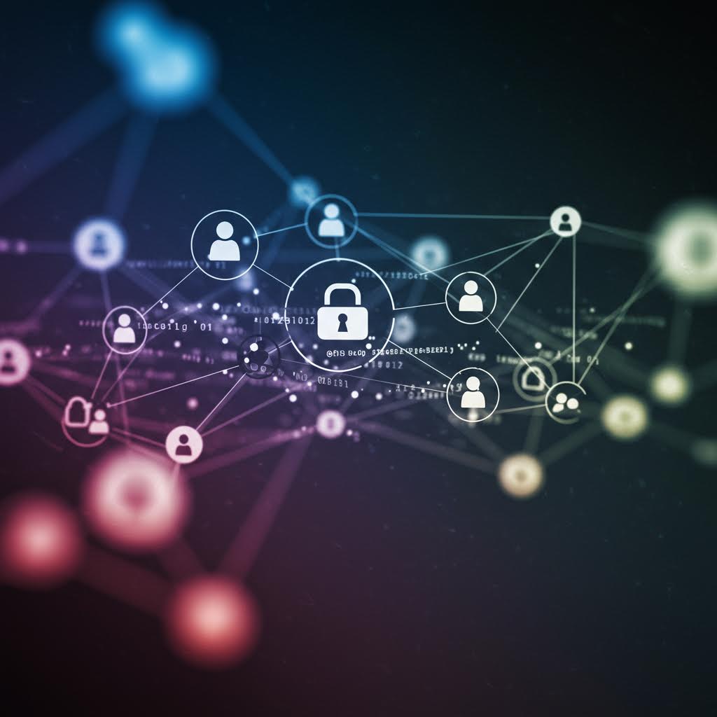 디지털 네트워크 위에 자물쇠 아이콘이 연결된 데이터 보안 구조, 온카스터디의 개인정보 보호 시스템을 시각화한 이미지