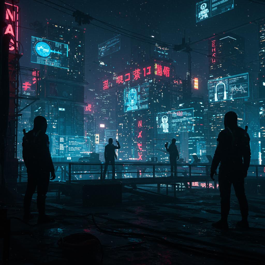 네온 불빛이 가득한 사이버 도시 속에서 데이터 해커들이 활동하는 장면, 온카스터디의 보안 네트워크 시스템이 작동하는 미래형 디지털 환경