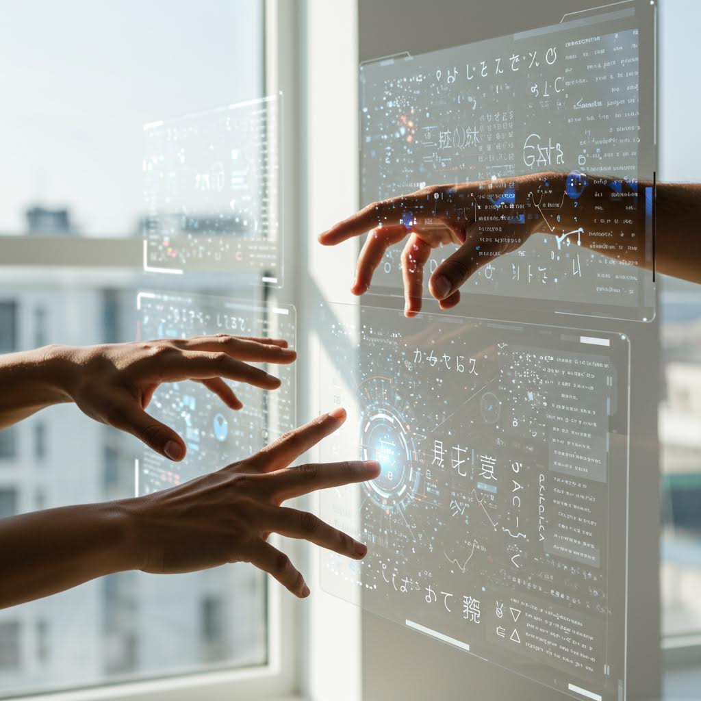 여러 사람이 홀로그램 인터페이스를 손으로 조작하는 장면으로, 온카스터디의 인터랙티브 데이터 협업 기술을 상징적으로 보여준다.