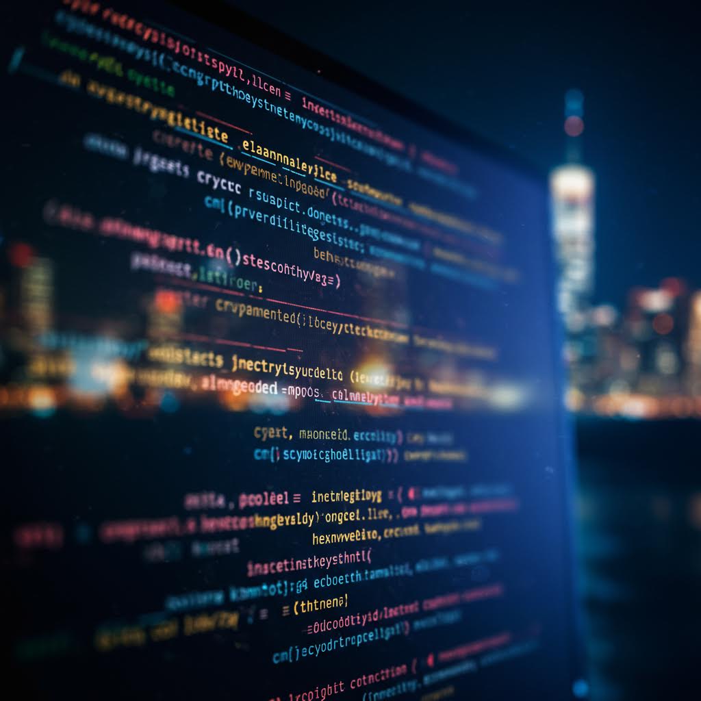 도시의 불빛을 배경으로 컴퓨터 화면에 코드가 표시된 장면으로, 온카스터디의 데이터 보안 및 프로그래밍 기술 역량을 상징한다.