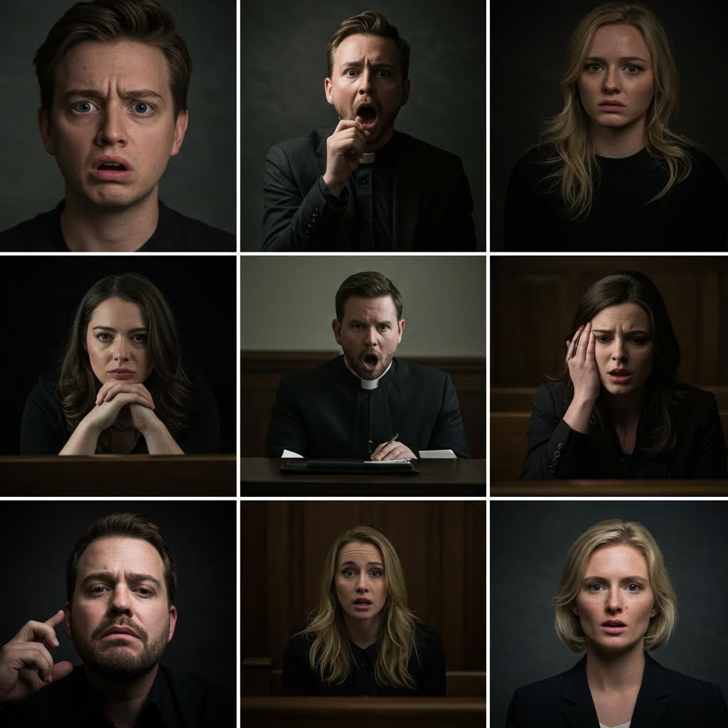 두운 배경 속에서 놀람과 혼란이 뒤섞인 남자의 표정이 순간의 긴장감을 전하는 인상