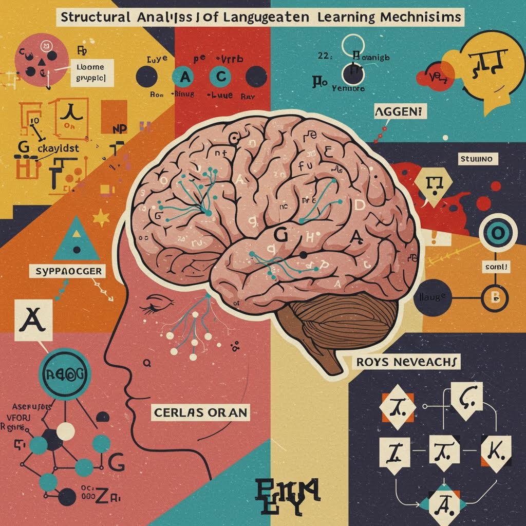 온카스터디 언어 학습 메커니즘의 구조적 분석 - 중앙의 뇌 일러스트를 둘러싼 주황, 빨강, 청록색 섹션에 언어학 기호, 다이어그램, 수학 공식이 배치된 레트로 스타일의 교육 포스터