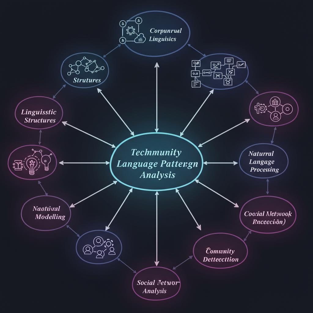 온카스터디 중앙의 '기술 커뮤니티 언어 패턴 분석'을 중심으로 언어 구조, 코퍼스 언어학, 자연어 처리, 소셜 네트워크 분석 등이 방사형으로 연결된 청록색과 보라색 톤의 네트워크 다이어그램
