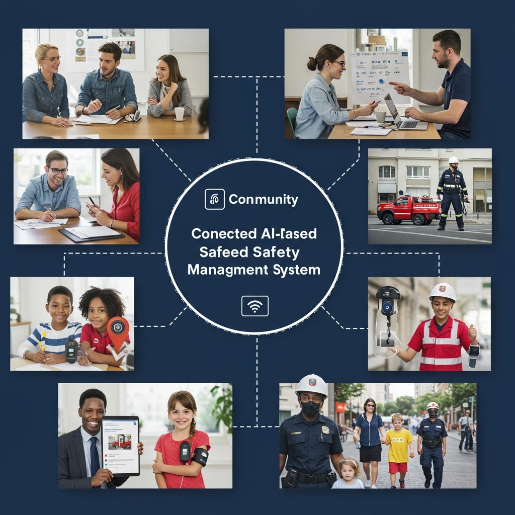 온카스터디 커뮤니티 기반 AI 안전 관리 시스템 - 중앙의 원형 로고를 중심으로 다양한 연령과 직업의 사람들 사진이 점선으로 연결되어 협업적 안전 시스템을 표현한 다크 블루 배경의 다이어그램