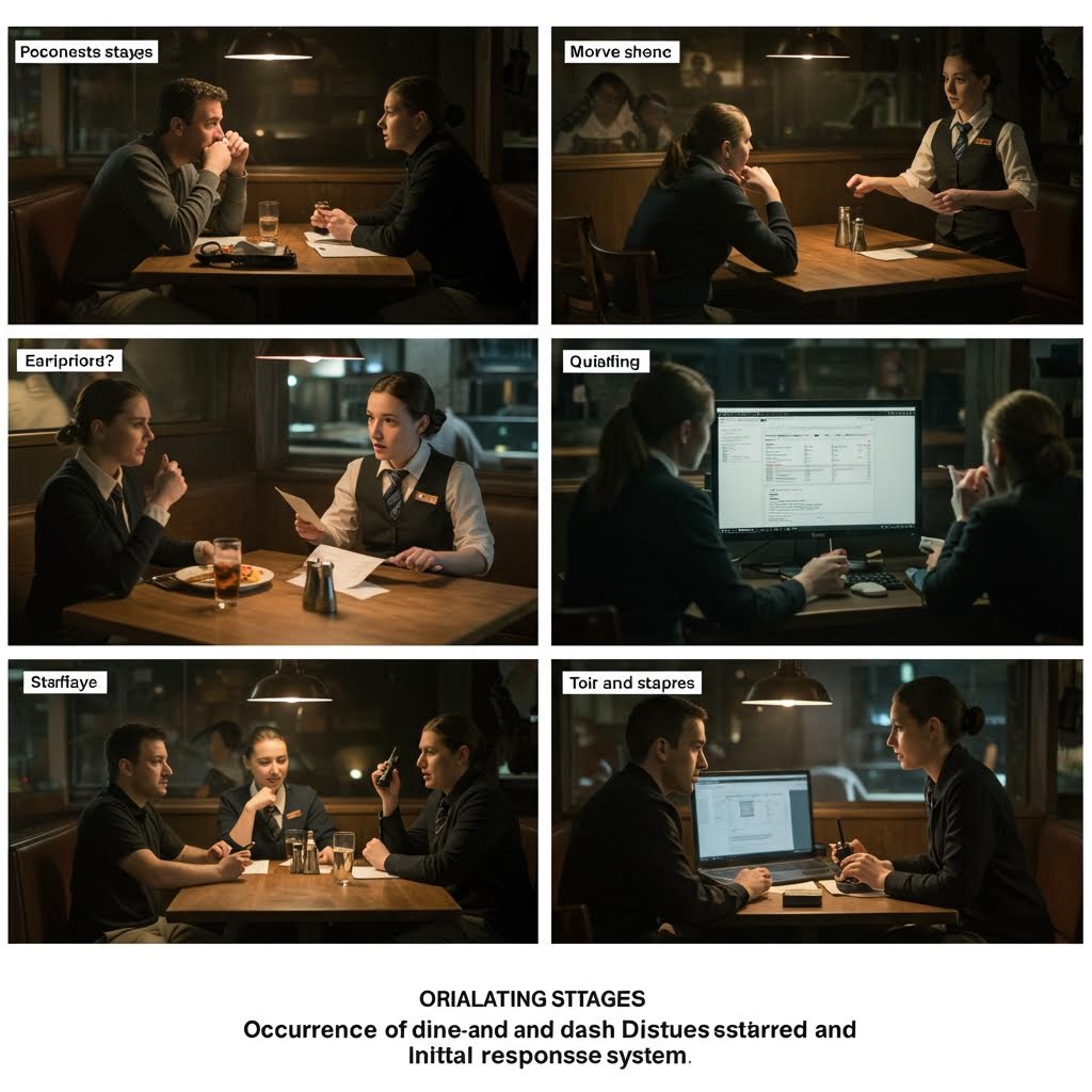 출금 단계별 프로세스 6단계 레스토랑 미팅 장면 초기 접촉 상담 서류 작업 승인 최종 단계 스토리보드