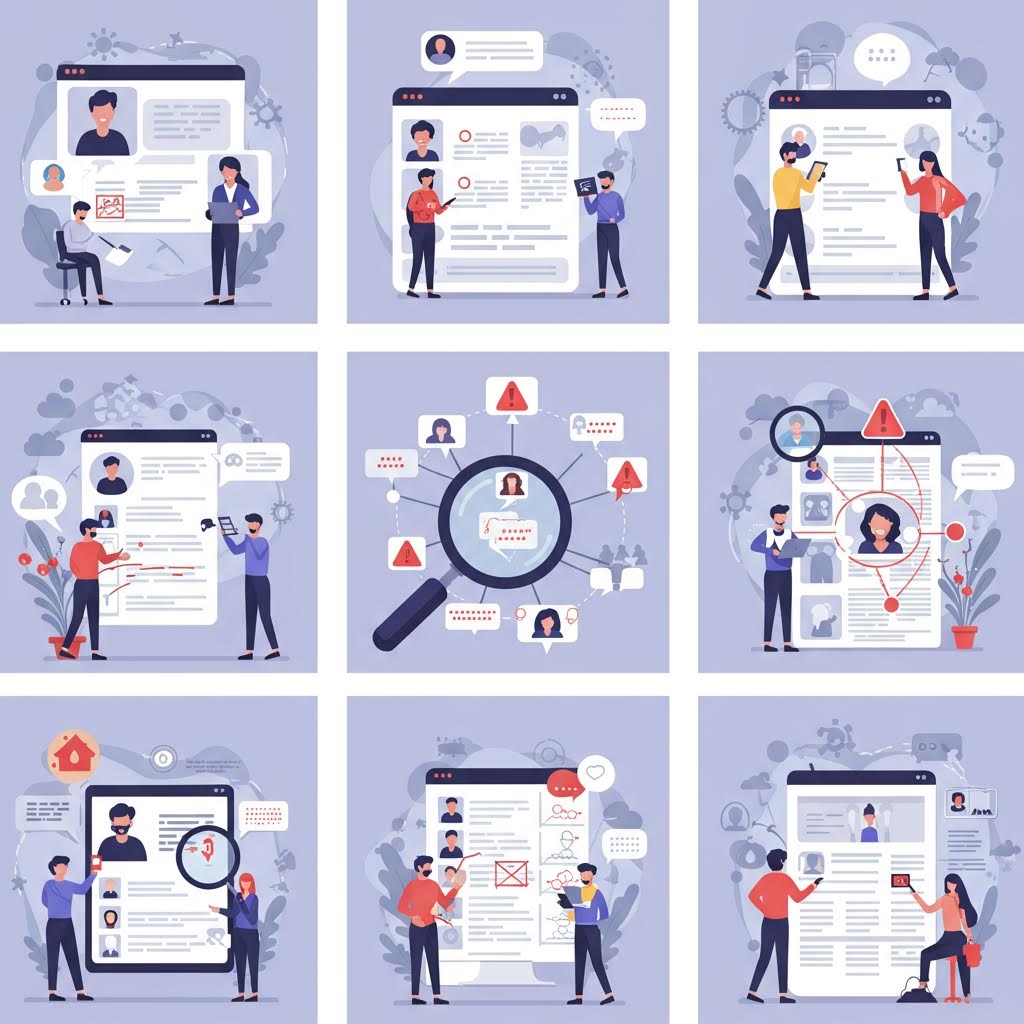 온카스터디 보라색 톤의 9개 장면으로 구성된 데이터 검증 프로세스 - 프로필 검토, 문서 확인, 클라우드 분석, 협업 검증, 경고 탐지, 연결 분석 등을 표현한 플랫 디자인 일러스트레이션