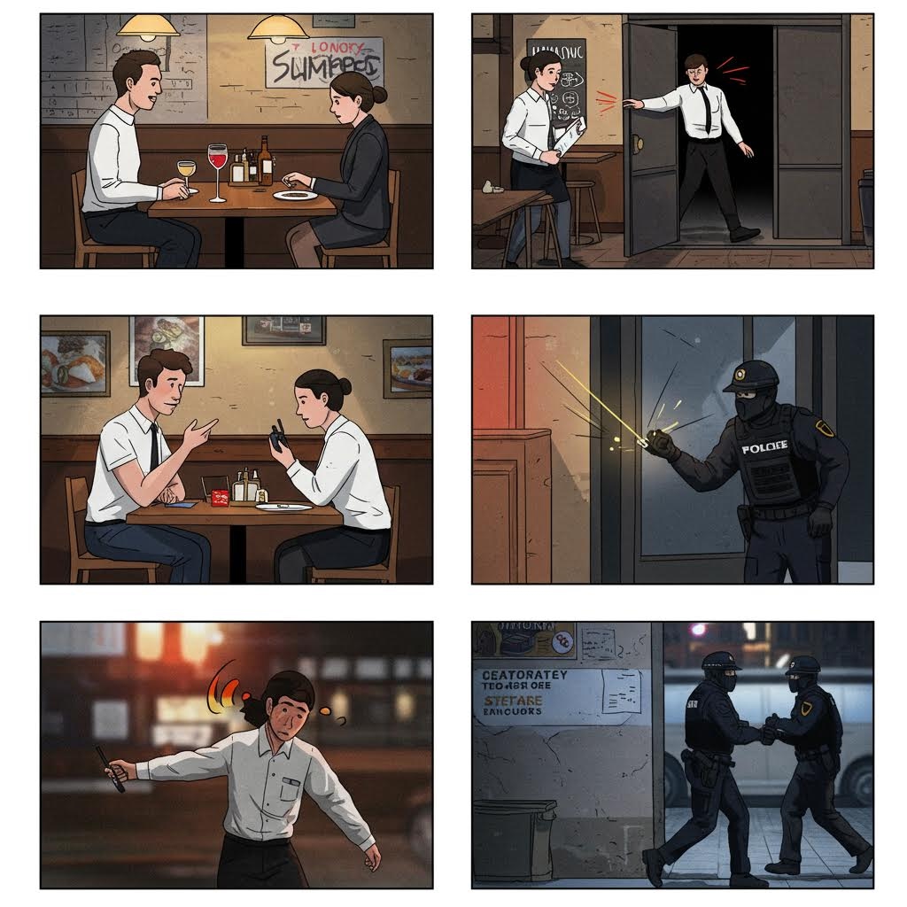 식당 데이트 중 강도 사건 발생 6컷 만화 스토리보드 경찰 출동 및 체포 장면까지 포함된 범죄 예방 시나리오