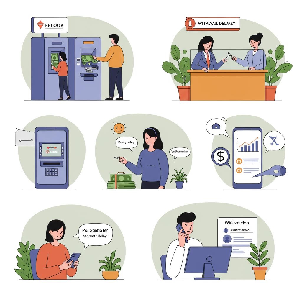 전자상거래와 출금 지연 사례 모음 ATM 고객 서비스 모바일 앱 재무 계획 거래 화면을 보여주는 8개 일러스트레이션