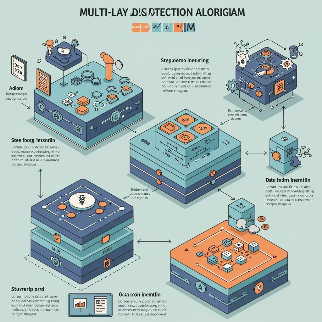 온카스터디 다층 탐지 알고리즘 시스템 - 연한 청록색 배경에 여러 계층의 3D 플랫폼 모듈이 화살표로 연결되어 데이터 수집, 처리, 분석, 검증 프로세스를 보여주는 아이소메트릭 인포그래픽