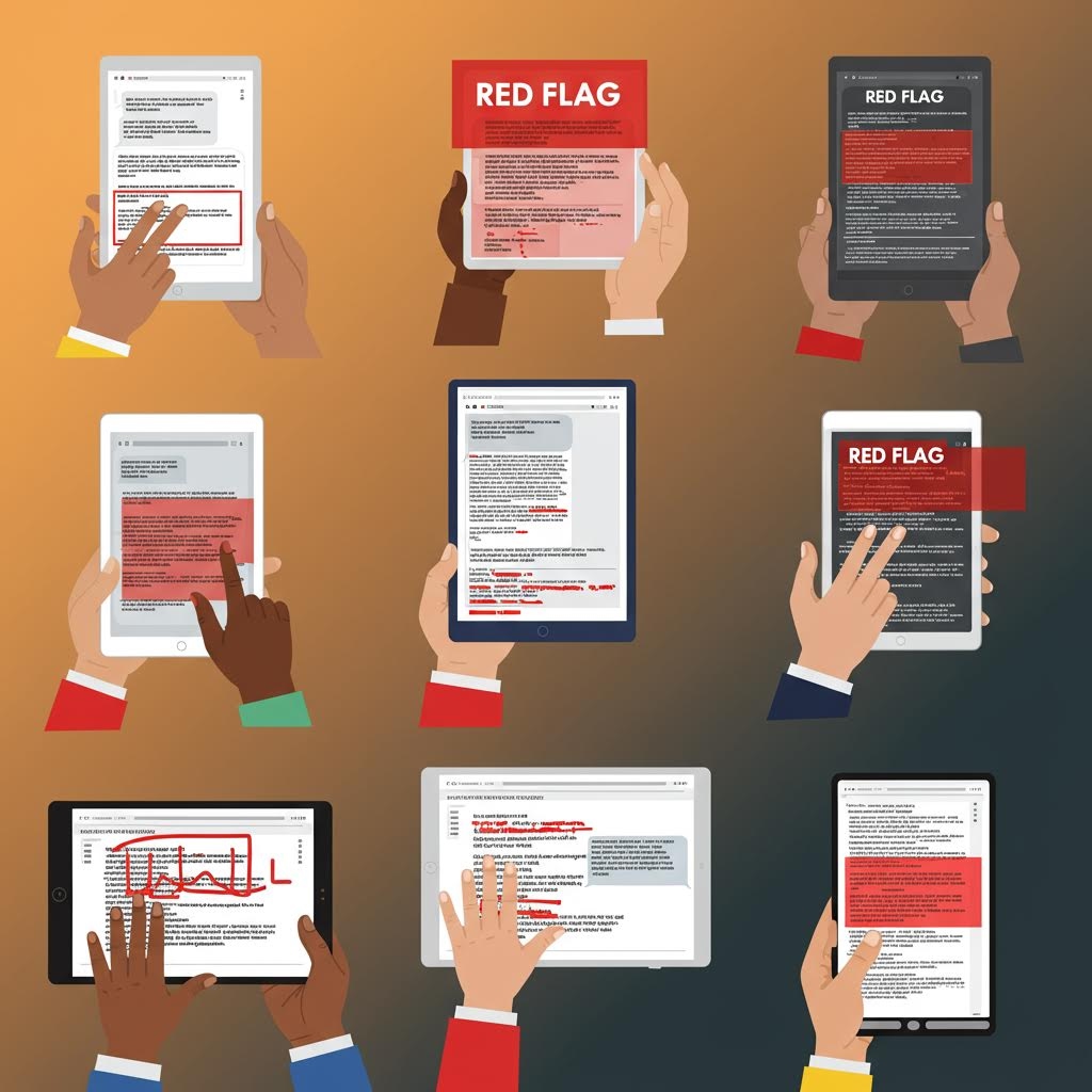 다양한 피부색의 손들이 태블릿과 스마트폰에서 'RED FLAG'가 표시된 문서를 검토하고 주석을 다는 모습을 보여주는 허위 정보 및 사기 탐지 일러스트레이션