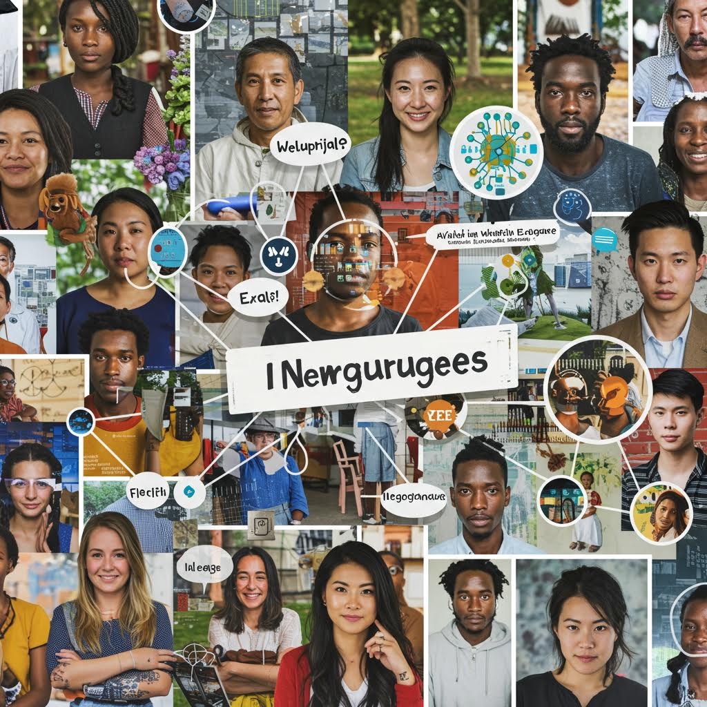 'I Newgurugees' 텍스트를 중심으로 다양한 인종, 연령, 배경의 사람들 사진이 콜라주로 배치되고 'Welupnjale', 'Exalo!', 'Fiecrth' 등의 텍스트 버블과 아이콘이 연결된 다문화 커뮤니티 비주얼