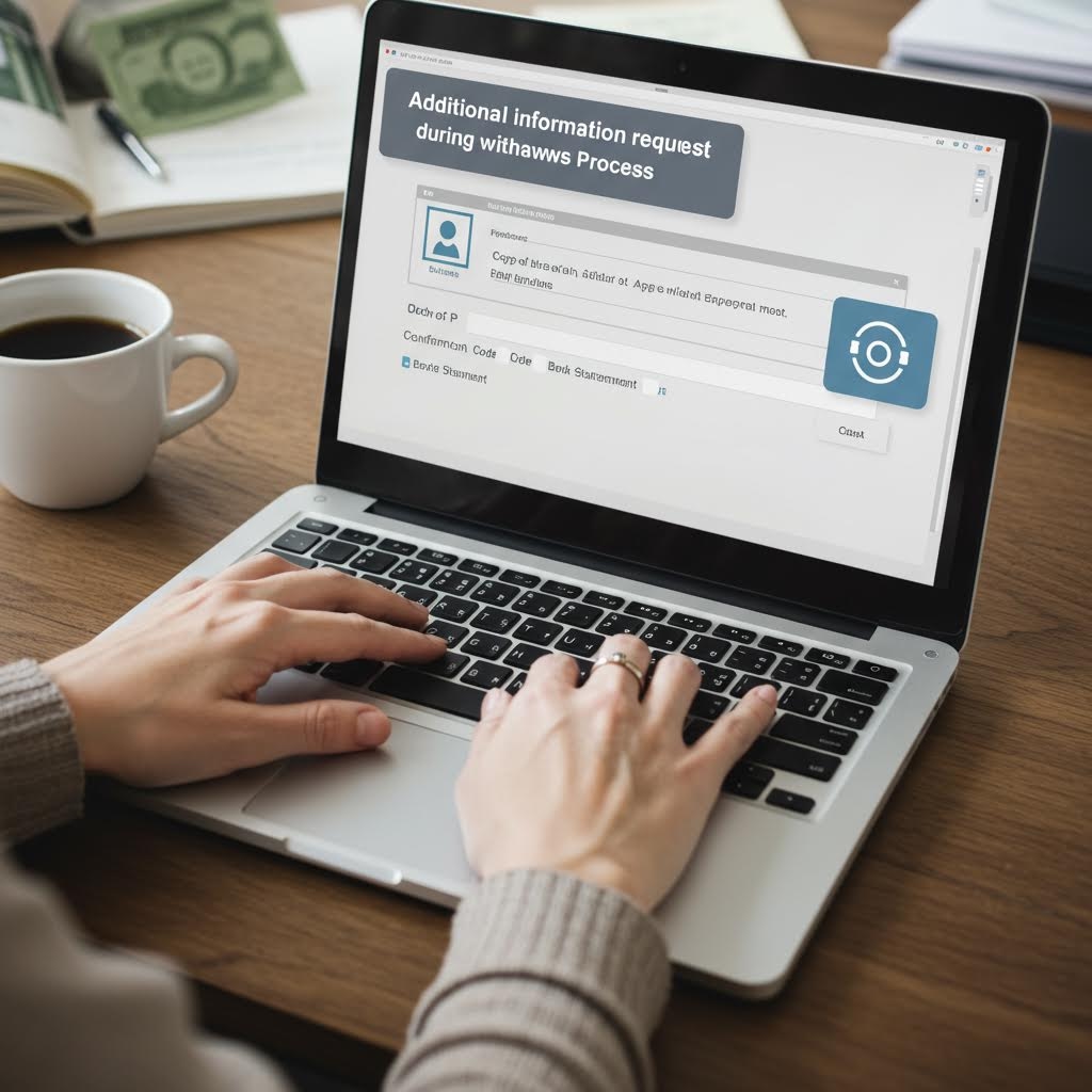 노트북에서 출금 프로세스 중 추가 정보 요청 양식을 작성하는 손 커피잔이 있는 업무 환경 사진