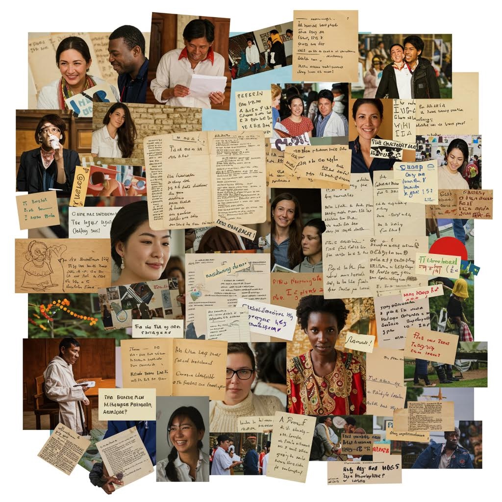 온카스터디 다양한 사람들의 사진과 손으로 쓴 메모, 편지들이 콜라주 형태로 배치되어 글로벌 커뮤니티의 개인 스토리와 증언을 표현한 무드보드