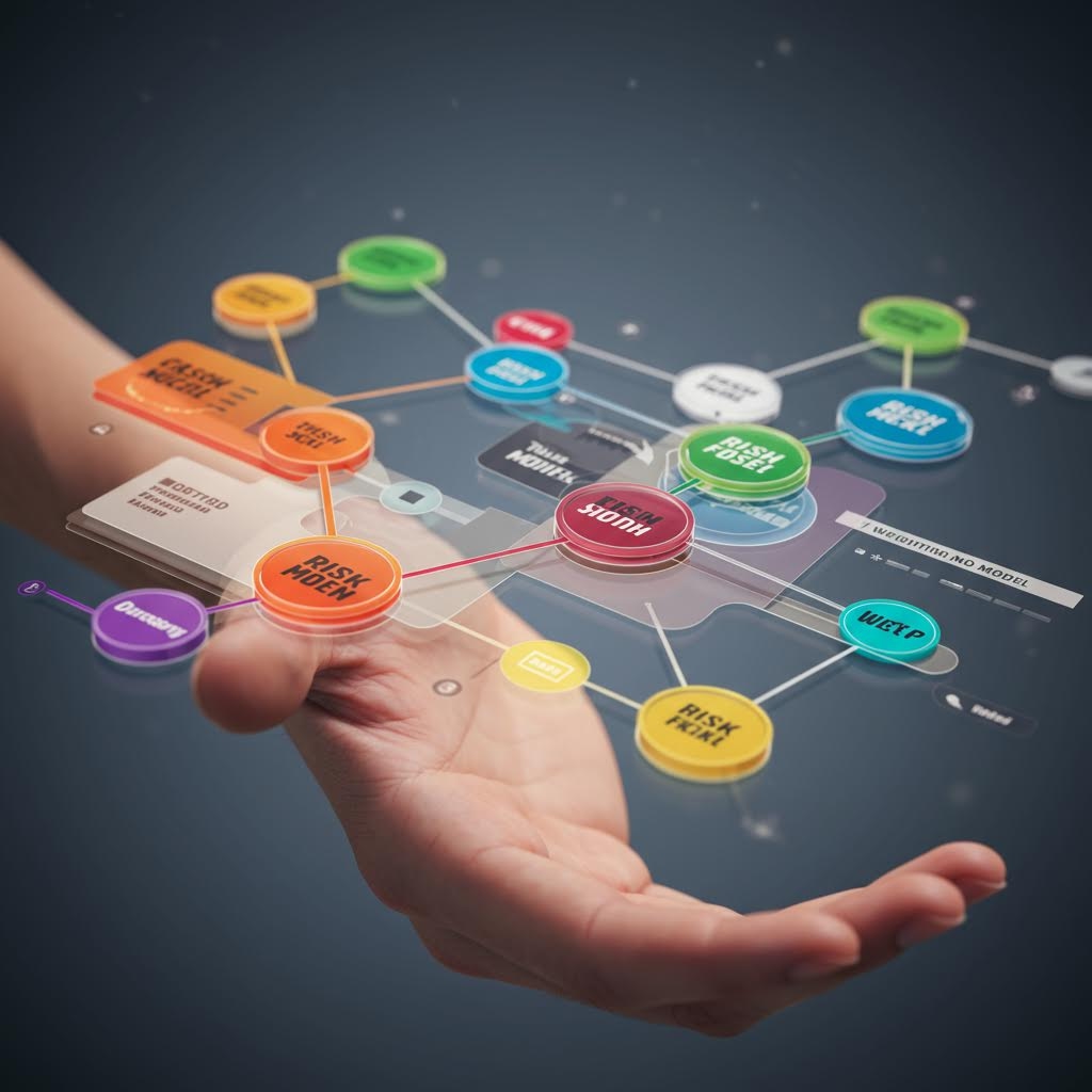 온카스터디 네트워크 연결 시각화 - 어두운 배경에서 손바닥 위에 떠 있는 다채로운 원형 노드들이 선으로 연결된 3D 홀로그램 네트워크 다이어그램