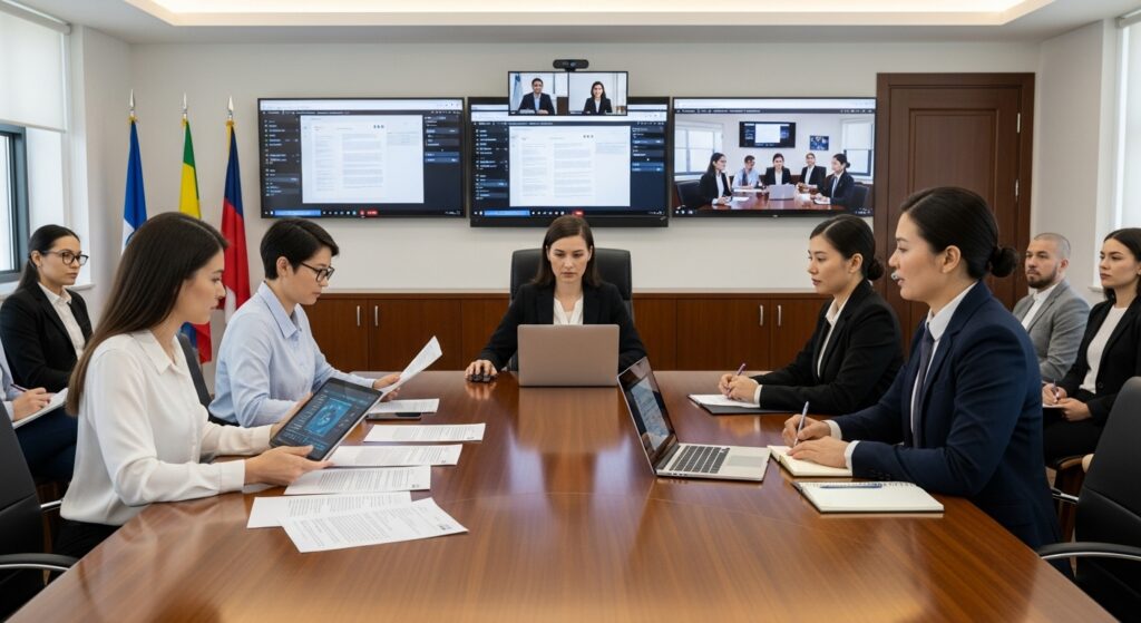 벽면 디스플레이에 화상 회의 참가자가 표시된 현대적인 회의실에서 전문가 팀이 진행하는 공식 중재 세션
