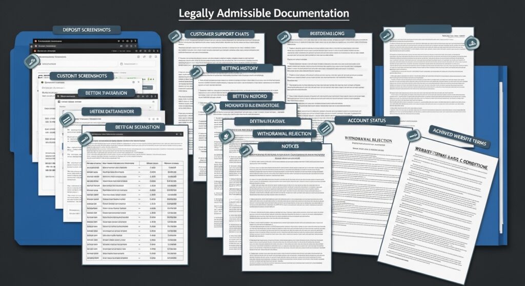 예금 스크린샷, 고객 지원 채팅, 베팅 내역, 출금 거부, 계정 상태 및 웹사이트 이용약관을 포함한 법적으로 인정 가능한 문서 콜라주
