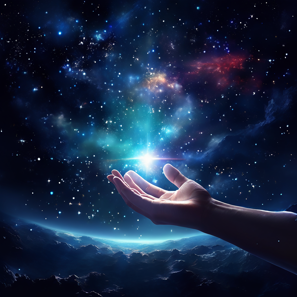 넓고 어두운 우주 공간을 배경으로 멀리 있는 별빛을 손끝이 거닐 듯이 살짝 닿을 듯한 손이 뻗어 있는 모습이다.