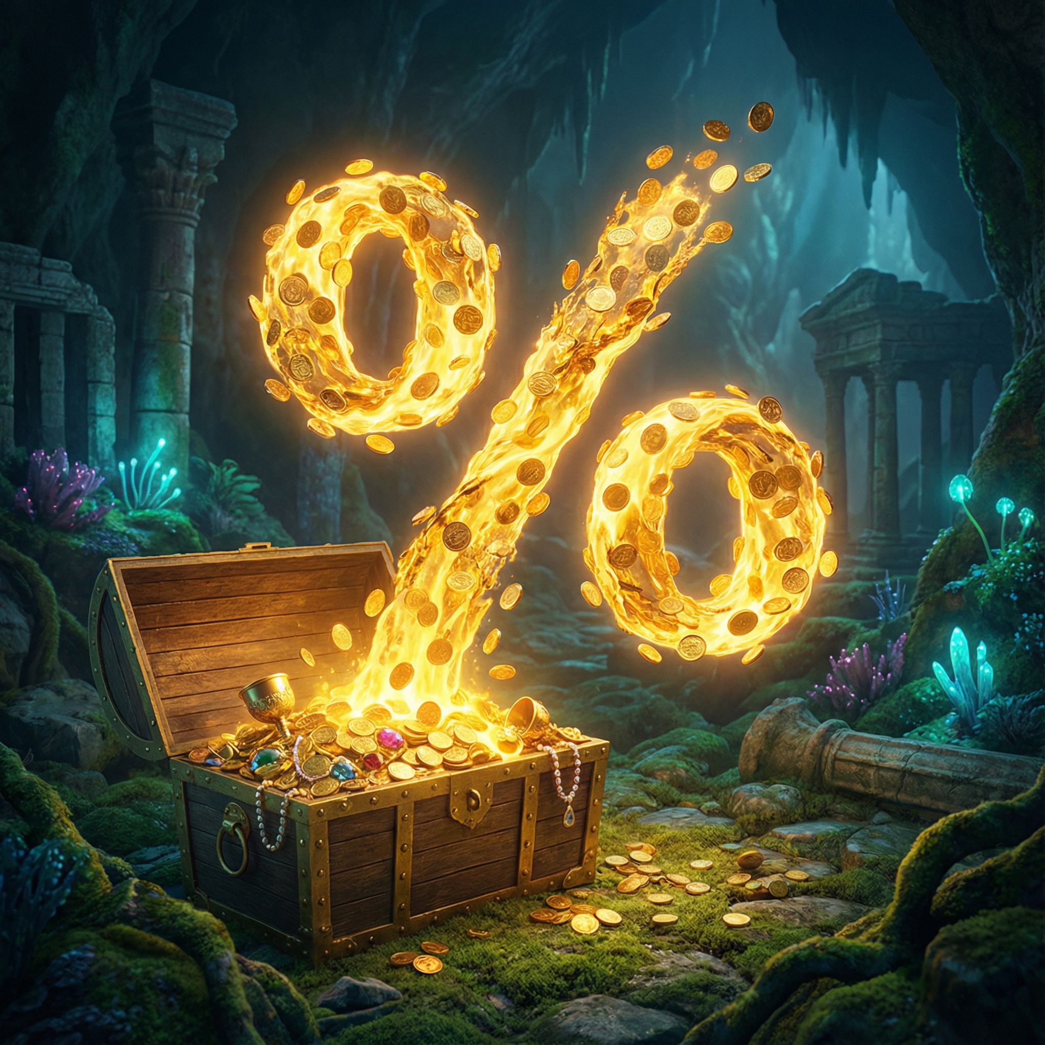 열린 보물상자로 흘러들어가는 금화 강이 퍼센트 기호 형태로 빛나고 있습니다.