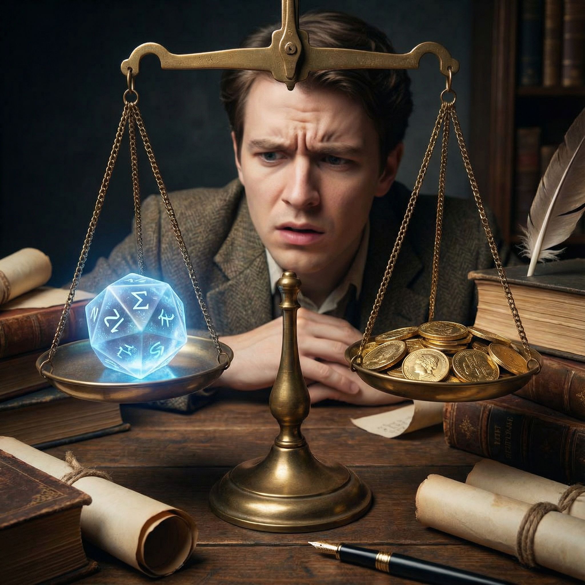 책과 문서가 놓인 책상 위에서 저울 한쪽의 빛나는 다면체와 반대편 금화를 번갈아 바라보며 고민에 잠긴 인물의 모습