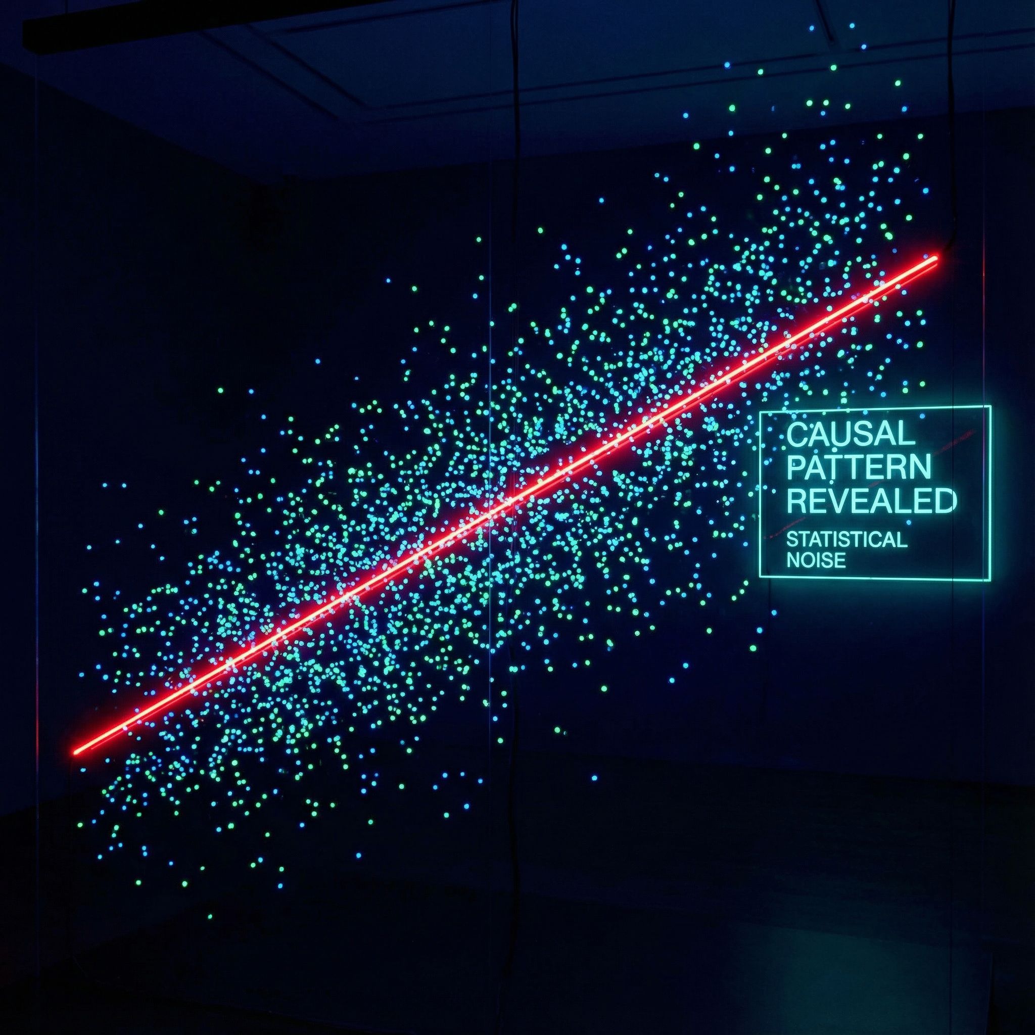 빛나는 점들이 흩어져 있고 그 사이를 정확한 직선의 추세선이 가로지르며 통계적 패턴을 드러내는 모습이다.