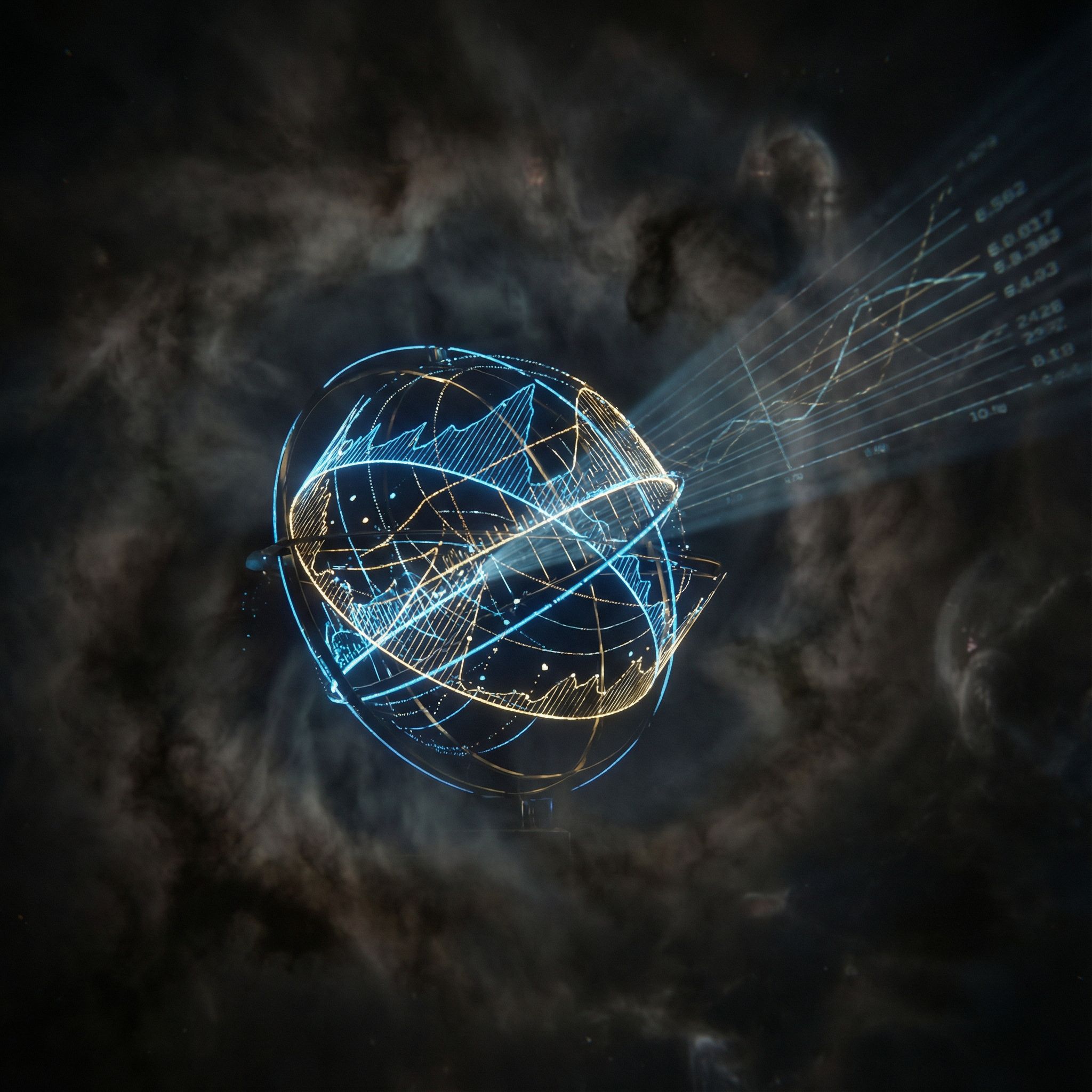 빛나는 확률 곡선과 통계로 만들어진 복잡한 수학 도구가 혼란스러운 우주 먼지 세계를 해석하는 모습이다.