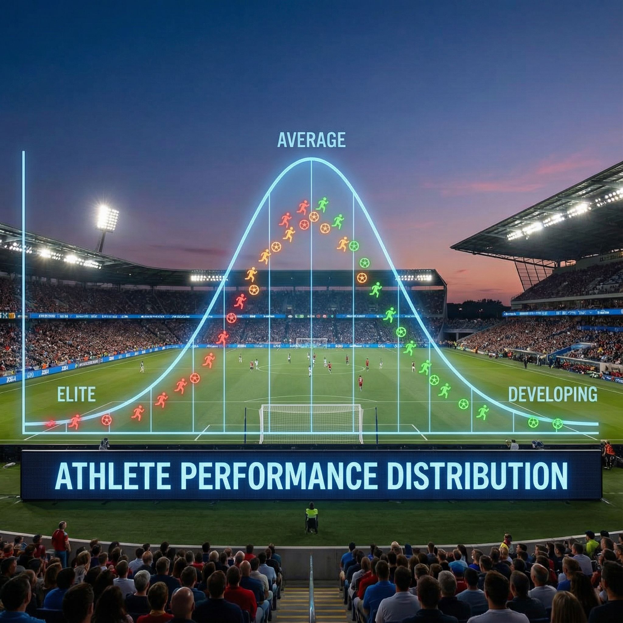 운동장 위에 그려진 종 모양의 정규분포 곡선에 선수들의 성적 데이터 점들이 흩어져 있는 모습이다.