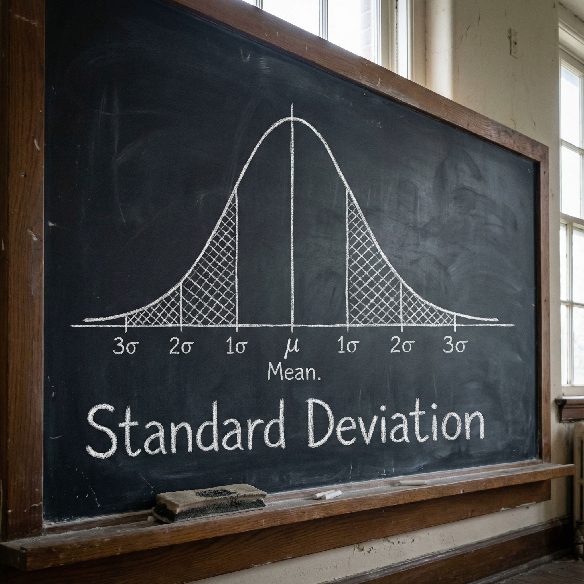 칠판에 그린 단순한 종형 곡선 그래프로 중심에 평균을 표시하고 양옆으로 넓게 음영 처리된 영역이 표준