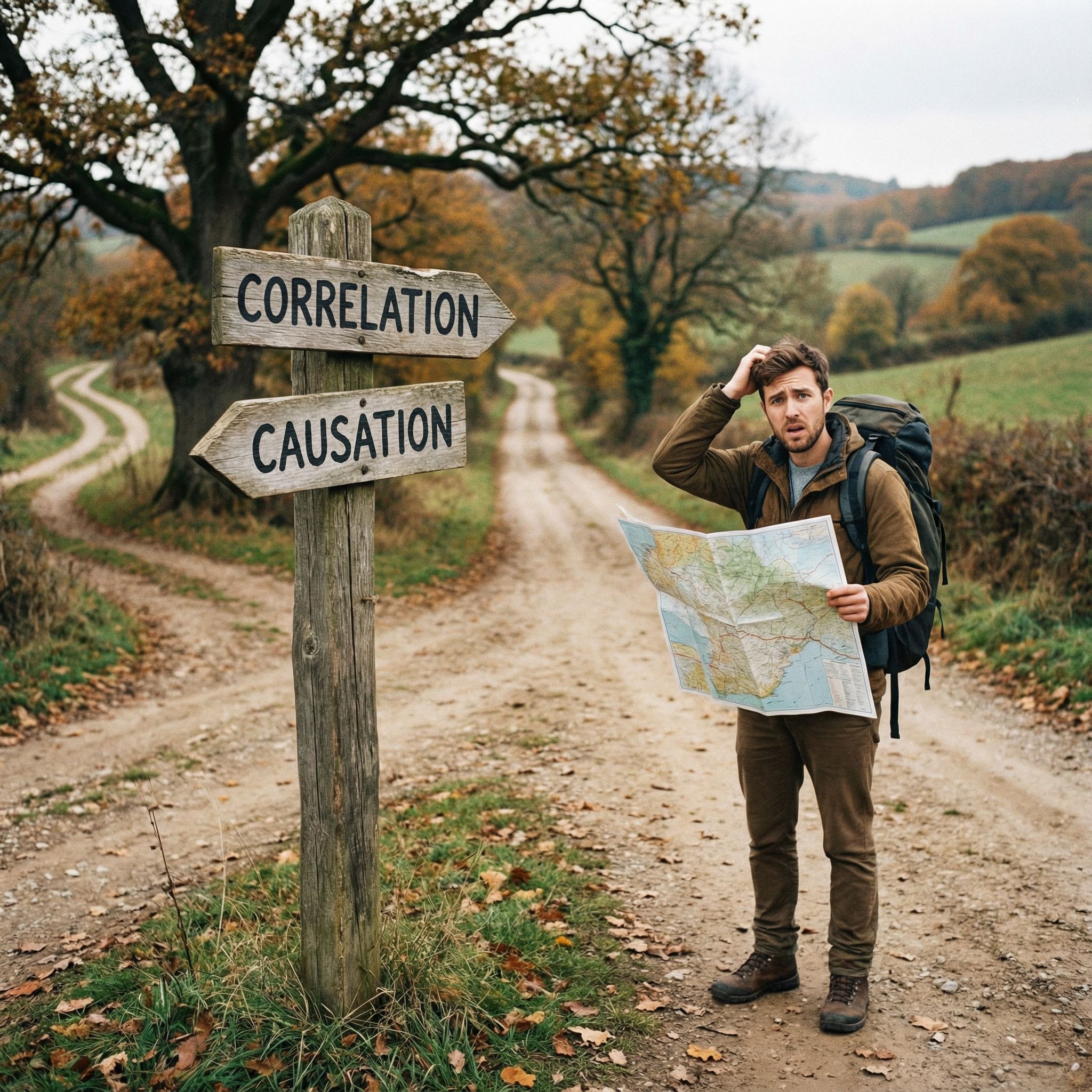 갈림길에 세워진 두 표지판 중 직진로는 상관관계, 굽은 길은 인과관계라 적혀 있고, 지도를 보며 망설이는