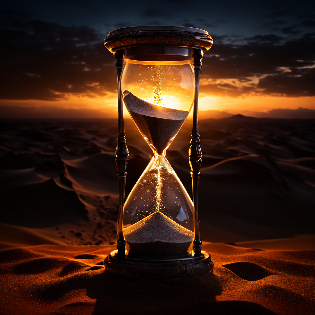 검은 모래가 중간 지점에서 밝은 빛으로 변하며 위로 떠오르는 초현실적인 모래시계 모습이다.