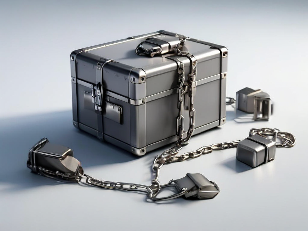 A sealed metal case with a short chain and small blocks on a gray studio surface, symbolizing linked file locations.