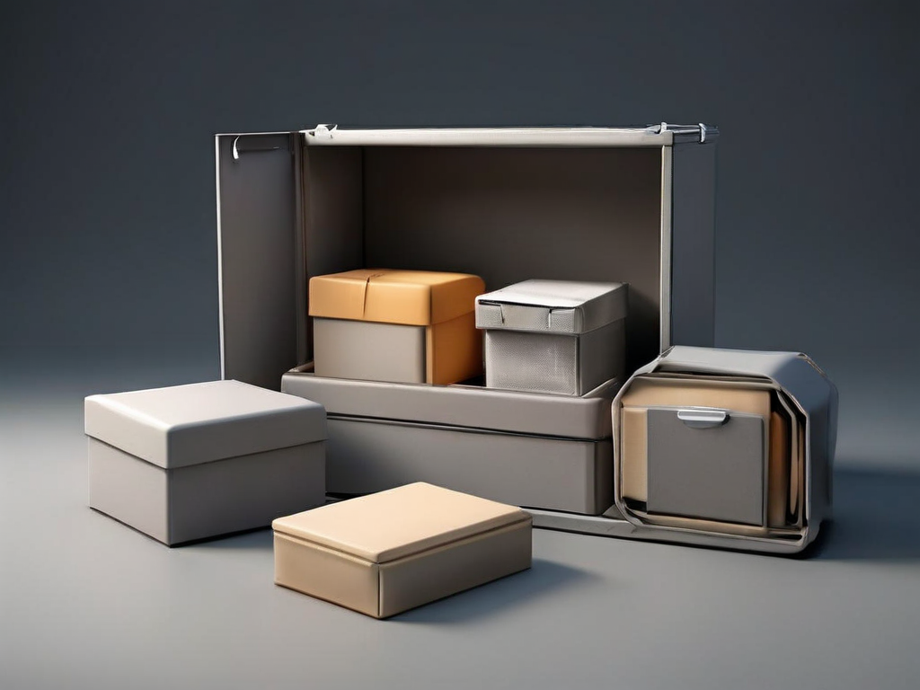 Small archive boxes and blank compartment inserts on a matte gray surface, soft side light, clean shadows, minimal professional...