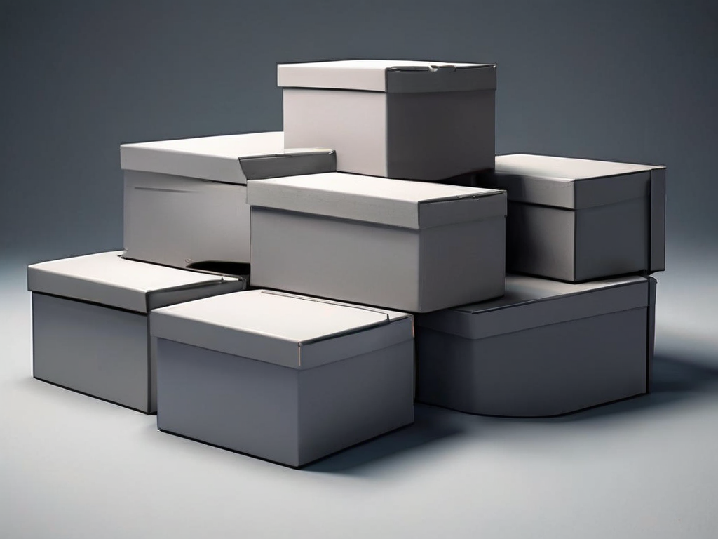 Stacked blank cardboard archive boxes with three removable compartment inserts, soft studio lighting, clean shadows on matte gray...