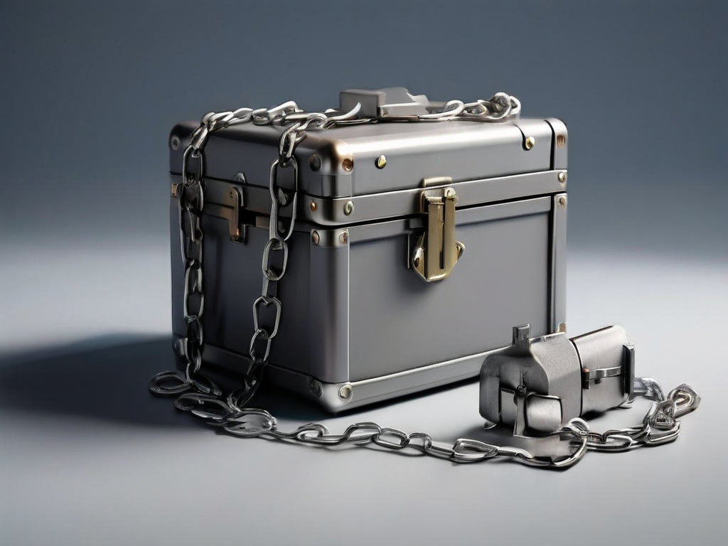 Small metal chain linking three blank puzzle blocks on a matte gray surface, sealed case beside them.