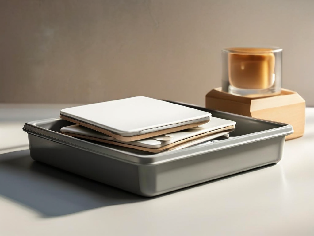 Stacked blank memory cards and sleeves in a clear tray on a stone surface.