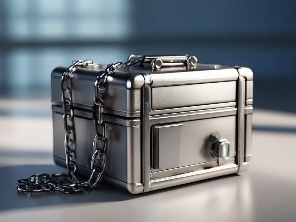 A brushed metal storage case with a short chain, beside scattered small blocks representing linked file locations, under angled...