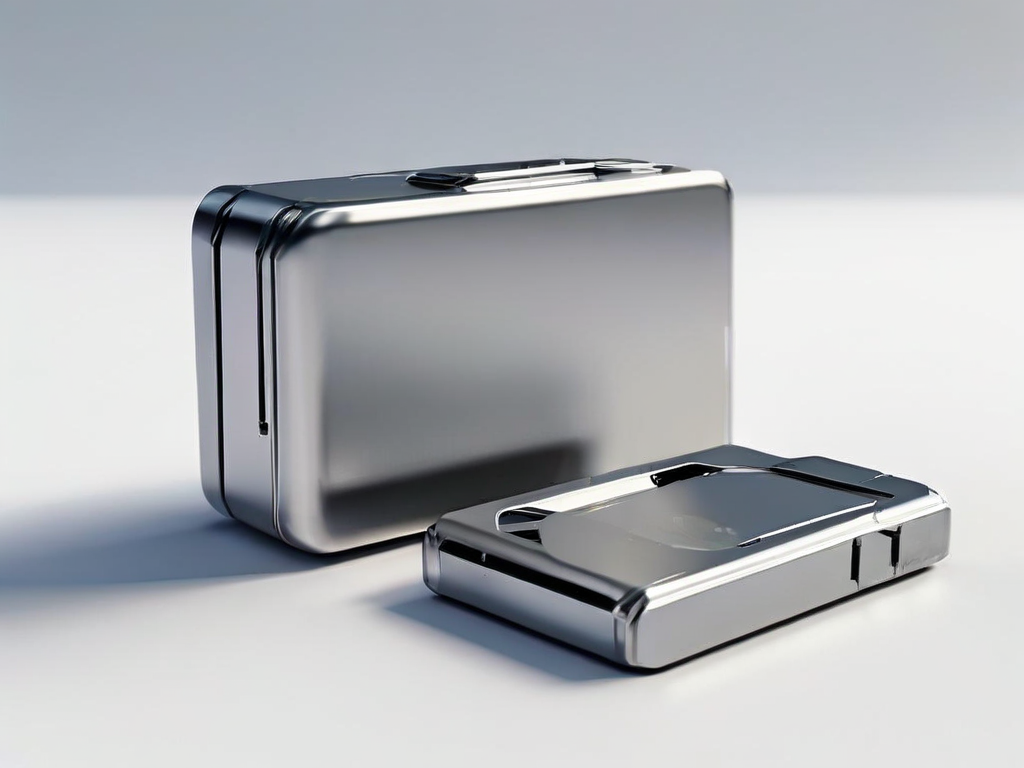 Portable storage drive and stacked blank data blocks on brushed metal surface with morning light.
