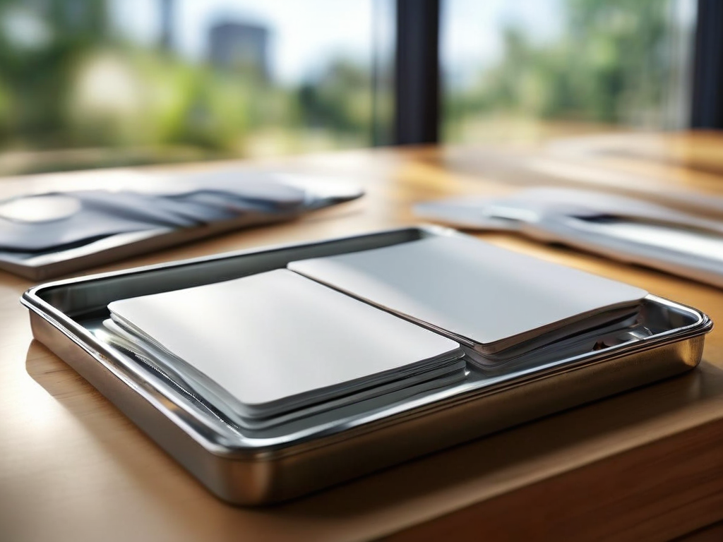 Brushed metal tray holds blank divider cards, angled morning light casts soft shadows across organized receipt storage.