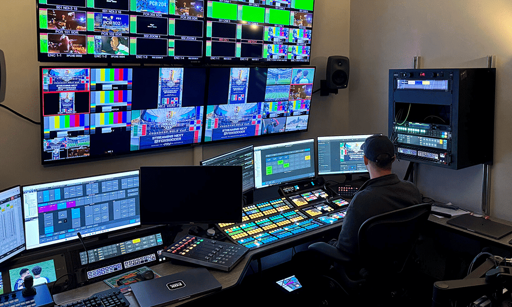 Sports broadcast production control room displaying multiple live camera angles across a monitor system.