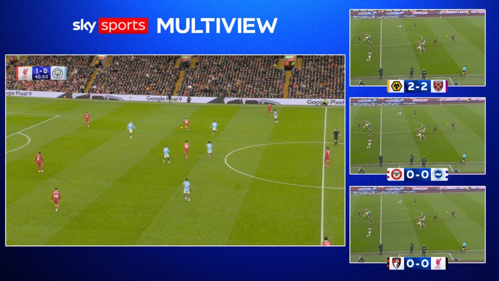 Sky Sports Multiview interface allowing viewers to follow multiple football matches simultaneously through separate live video feeds.