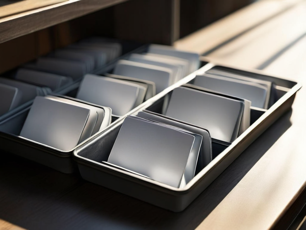 Blank white divider cards arranged neatly in a metal storage tray, representing organized document sections before signing.