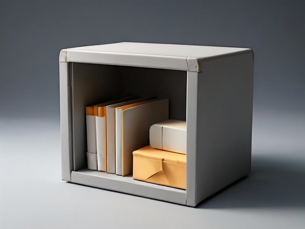 Three small blank archive boxes arranged on a gray surface, soft side light and clean shadows, representing practical data...