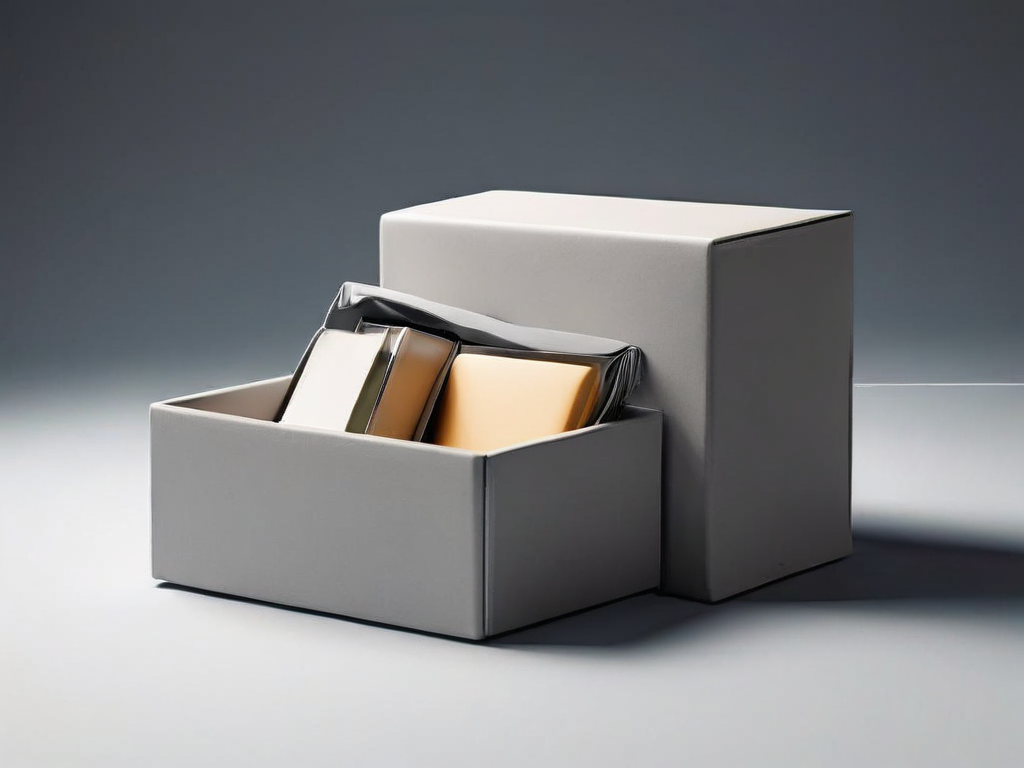 Small archive boxes with blank compartment inserts arranged on a matte gray surface, symbolizing organized data grouping before...