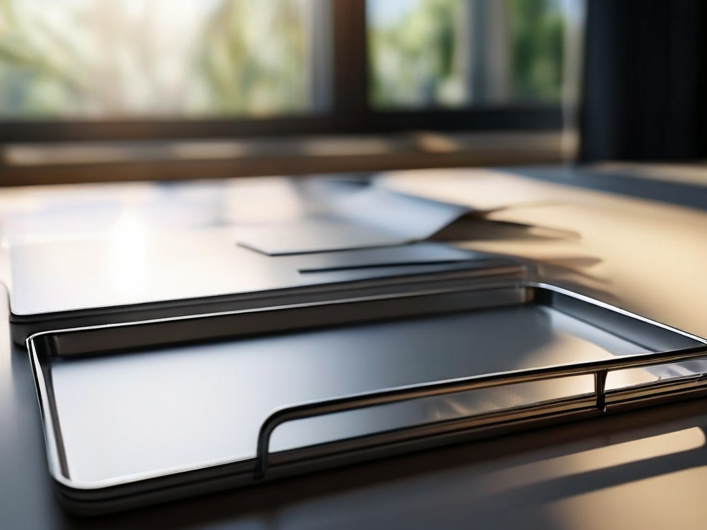 Blank divider cards and a compact storage tray on brushed metal, angled morning light, shallow depth of field.