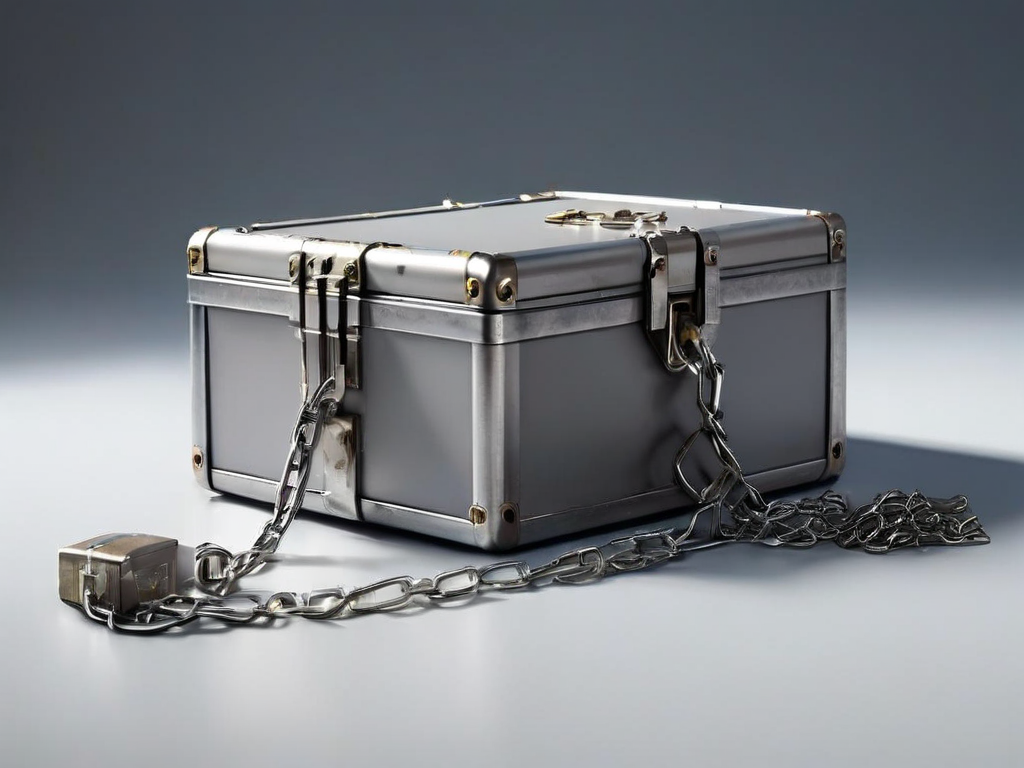 A sealed metal storage case with a short chain and separate blocks on a gray surface, symbolizing file conversion and data...