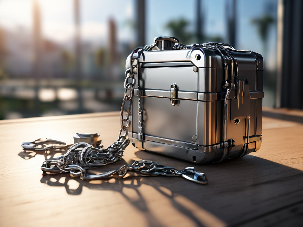 Metal storage case with chain and small blocks on brushed metal surface in angled morning light