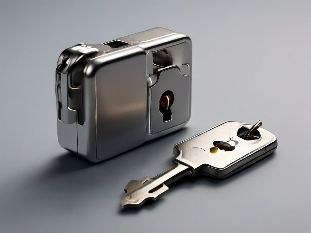Gray metal lock, closed key case, and blank security card on matte surface for Wi-Fi guest network safety concept.